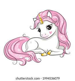 The cute little unicorn lies on its stomach. Isolated. Beautiful picture for your design. 