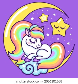 A cute little unicorn with a long mane sleeps on a crescent moon. For children's design of prints, posters, stickers, postcards, badges, cards, etc. Vector