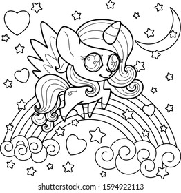 Cute little unicorn for make coloring book . Black line and white outlined for coloring page . vector illustration
