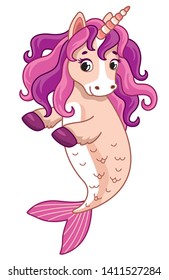 Cute little unicorn mermaid. Vector cartoon pony. Vector illustration for children 