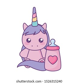 cute little unicorn with milk bottle baby vector illustration design