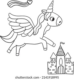 Cute little unicorn on cloud with rainbows and shooting stars. Vector outline for coloring page .  For education, print, game, decor, puzzle, design