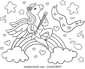 Pequeño unicornio en la nube con arcos de lluvia y estrellas fugaces. Esquema del vector para la página de coloreado.  Para educación, impresión, juego, decoración, rompecabezas, diseño