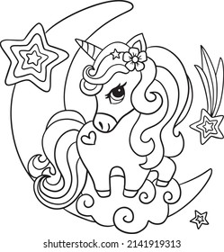 Cute little unicorn on cloud with rainbows and shooting stars. Vector outline for coloring page .  For education, print, game,puzzle, design