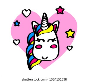 Cute little unicorn on a heart background. Vector illustration.