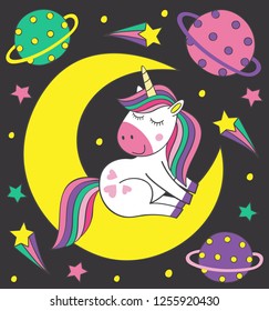 cute little unicorn on the moon - vector illustration, eps
