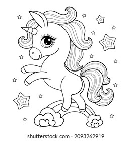 Kleines Einhorn auf dem Regenbogen. Lineare Schwarzweißzeichnung. Für die Gestaltung von Farbbüchern, Drucksachen, Poster, Aufklebern, Postkarten usw. durch Kinder