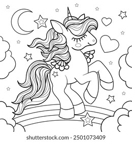 Cute little unicorn on a rainbow. Black and white line drawing. Mythical animal. For children's design of coloring books, prints, posters, stickers, postcards, etc. Vector illustration