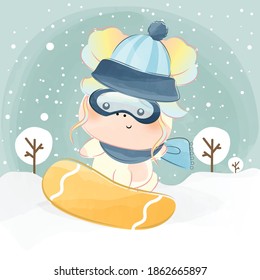 cute little unicorn on a snowboard