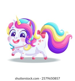 Cute little unicorn on a white background. a character with a bright mane and a golden horn. Isolated vector illustration for postcards, posters, invitations, covers, flyers, web, textiles.