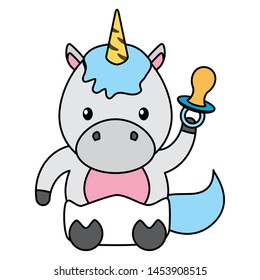 cute little unicorn with pacifier baby character vector illustration design