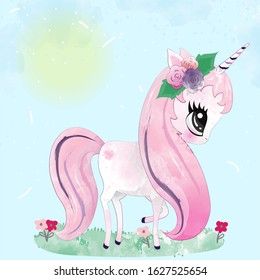 Cute little unicorn painted in watercolor.unicorn, watercolor, child, birthday.the horse child.
