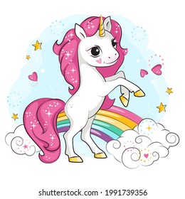  Cute little unicorn with pink mane  standing on its hind legs.Rainbow and clouds. Beautiful picture for your design.