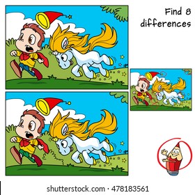 Cute little unicorn playing with young wizard. Find 8 differences. Educational game for children. Cartoon vector illustration