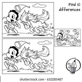 Cute little unicorn playing with young wizard. Find 10 differences. Coloring book. Educational game for children. Black and white cartoon vector illustration