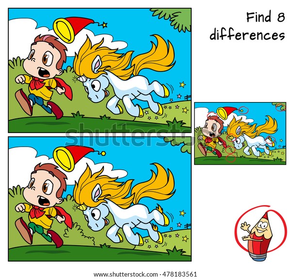 若い魔法使いと遊ぶかわいい小さな一角獣 8つの違いを見つける 子供向けの教育ゲーム 漫画のベクターイラスト のベクター画像素材 ロイヤリティフリー