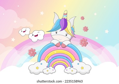 Cute little unicorn pony or horse. Fairytale background with rainbows and animals.