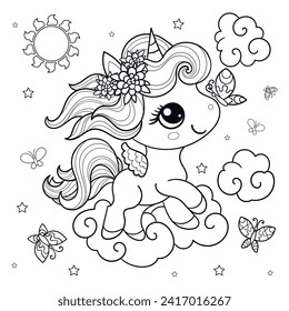 Cute little unicorn, pony in the sky with butterflies. Black and white linear drawing. For children's design of coloring books, prints, posters, cards, stickers, tattoos, etc. Vector illustration