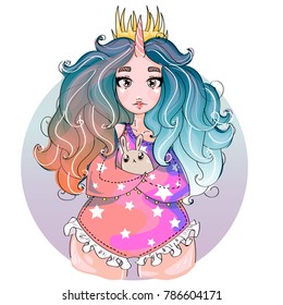 Cute little unicorn princess chubby girl with bunny, children vector illustration art
