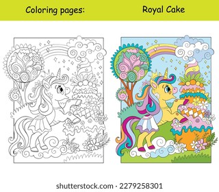 Cute little unicorn princess and huge beautiful cake. Cartoon vector illustration. Kids coloring book page with color template. For coloring, education, print, game, decor, puzzle, design