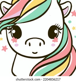 Cute little unicorn with rainbow coloured hair on a white background