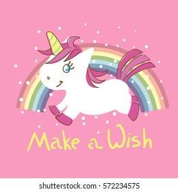 Cute little unicorn with rainbow on the pink background.