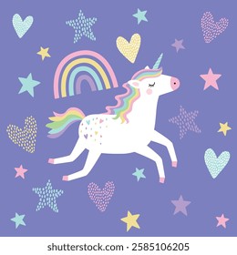 Cute Little Unicorn with Rainbow Stars and Hearts