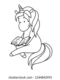 Cute little unicorn is reading a book. Black and white illustration