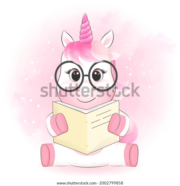 Cute Little Unicorn Reading Book Hand Stock Vector (Royalty Free ...