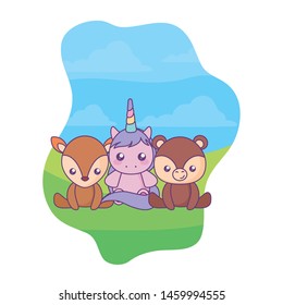 cute little unicorn with reindeer and bear baby in landscape