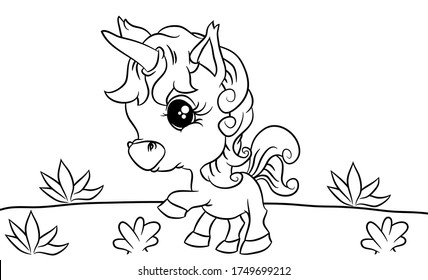 cute little unicorn, relaxing in the fields, coloring books for kids
