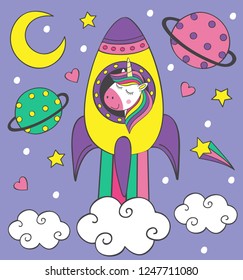 cute little unicorn in the rocket - vector illustration, eps
