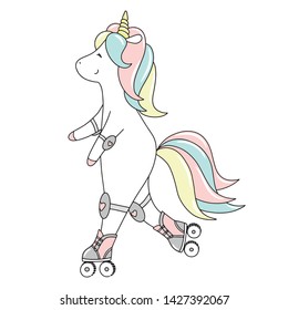 Cute little unicorn is rollerblading. Hand drawn colorful vector illustration.