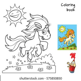 Cute little unicorn runs on the meadow. Coloring book. Cartoon vector illustration