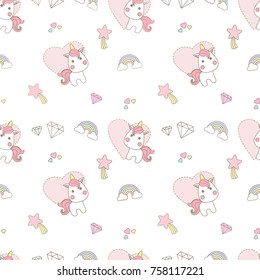 Cute little unicorn seamless pattern on rainbow background with star, cloud and diamond in pastel theme.