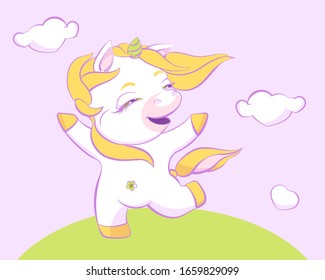 Cute little unicorn is skipping on a field