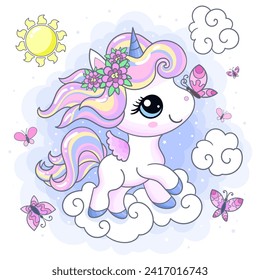 Cute little unicorn in the sky with a butterfly. Themes of magic and fantasy. For children's design of prints, posters, cards, stickers, puzzles, etc. Vector illustration