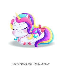 The cute little unicorn is sleeping. A charming animal with a bright mane and golden horn on a white background. Isolated vector illustration for design, prints and patterns.