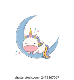 Cute little unicorn sleeping on the moon. Vector illustration