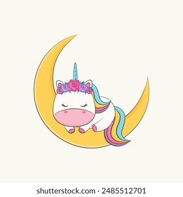 Cute little unicorn sleeping on the moon. Vector illustration