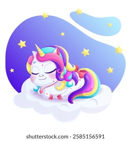 A cute little unicorn sleeps on a cloud. A charming animal with a bright mane and a golden horn on a dark blue background with stars. Vector illustration for design, prints and patterns. 