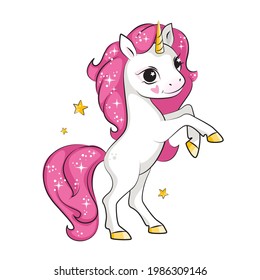 Pequeño unicornio lindo parado en sus patas traseras. Aislado.  Hermosa imagen para tu diseño.