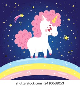 Cute little unicorn standing on the rainbow on the background of the night starry sky. Charming fantasy animal character in hand-drawn cartoon style. Vector illustration for greeting card, poster