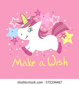 Cute little unicorn with stars on the pink background.