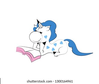 Cute little unicorn vector in blue hearts reading book. Isolated on white background. Unicorn cartoon.