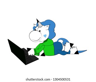 Cute little unicorn vector in blue hearts behind the laptop. Isolated on white background. Unicorn cartoon.