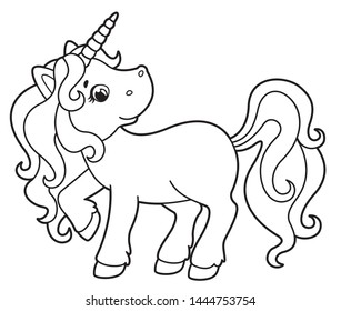 Cute little unicorn. Vector cartoon pony. Vector illustration for children. Coloring book 