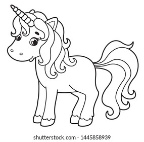 Cute little unicorn. Vector cartoon pony. Vector illustration for children. Coloring book