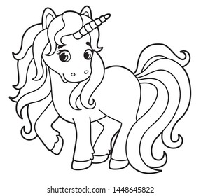 Cute little unicorn. Vector cartoon pony. Vector illustration for children. Coloring book 