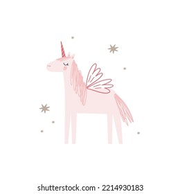 Cute little unicorn vector print. Fairytale horse character. Flat vector illustration - magical kingdom